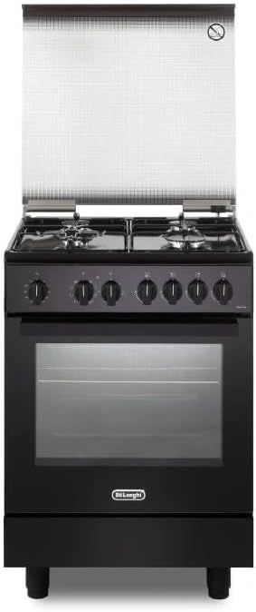 De'Longhi DMN 64 LSG Gasfornuis, 60 cm, elektrische multifunctionele oven, 4 branders, kleur mat zwart, soft-touch handgrepen, Easy Steam, Hydroclean