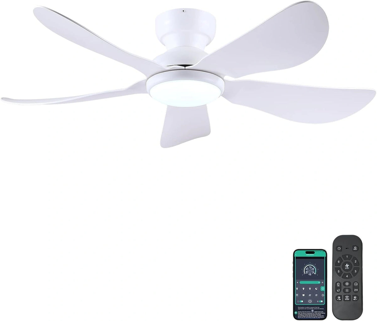 Kviflon Moderne plafondventilator met licht, 117 cm, afstandsbediening/app-bediening, 5 omkeerbare messen, 3 CCT dimbaar, voor slaapkamer, wit