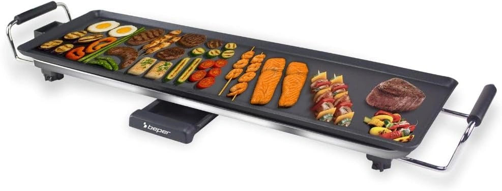 BEPER P101BBQ070 XL Elektrische Teppanyaki Grill 70x23 cm, Antiaanbak Grill met Regelbare Thermostaat, Warmte-geïsoleerde Handgrepen