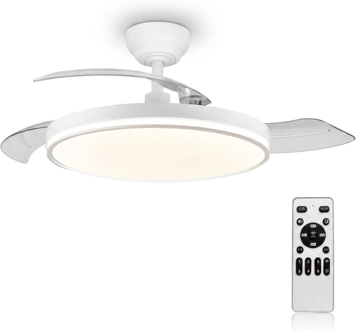 MARSI Plafondventilator met licht en intrekbare vleugels, 106 cm, stille DC-motor, 6 snelheden, dimbare led met afstandsbediening