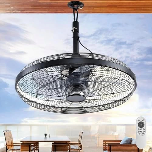 Plafondventilator IP65 voor buiten, waterdicht, plafondventilator met dimbaar licht, 6 snelheden, hangende paviljoenventilator, dimbaar