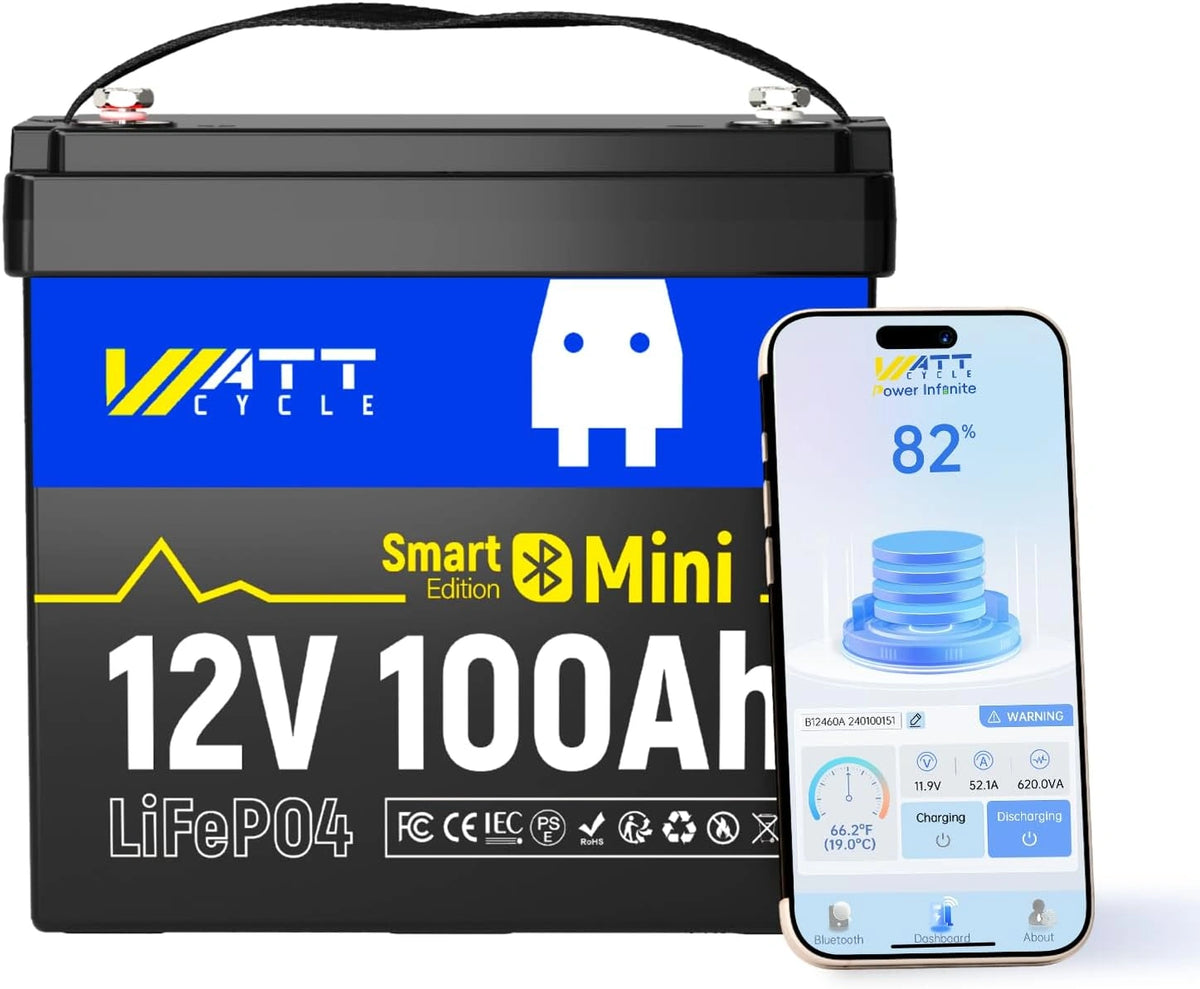 WattCycle 12V 100Ah LiFePO4 Accu 1280Wh, Bluetooth, 100A BMS, 15.000+ Cycli, wit