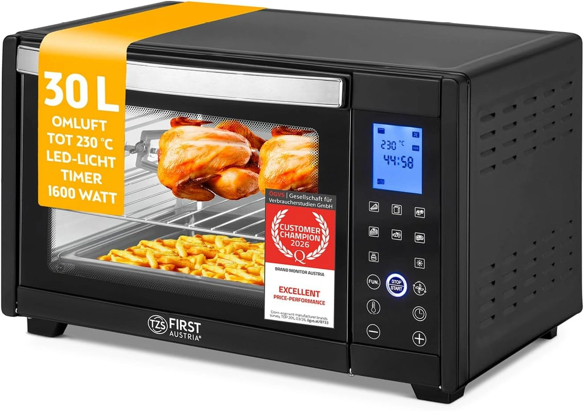 TZS First Austria, Minibakoven digitaal 30 liter 1600W, Mini Oven traploze temperatuurregeling tot 230°C, Minioven 60 m timer, 3 inschuifhoogtes