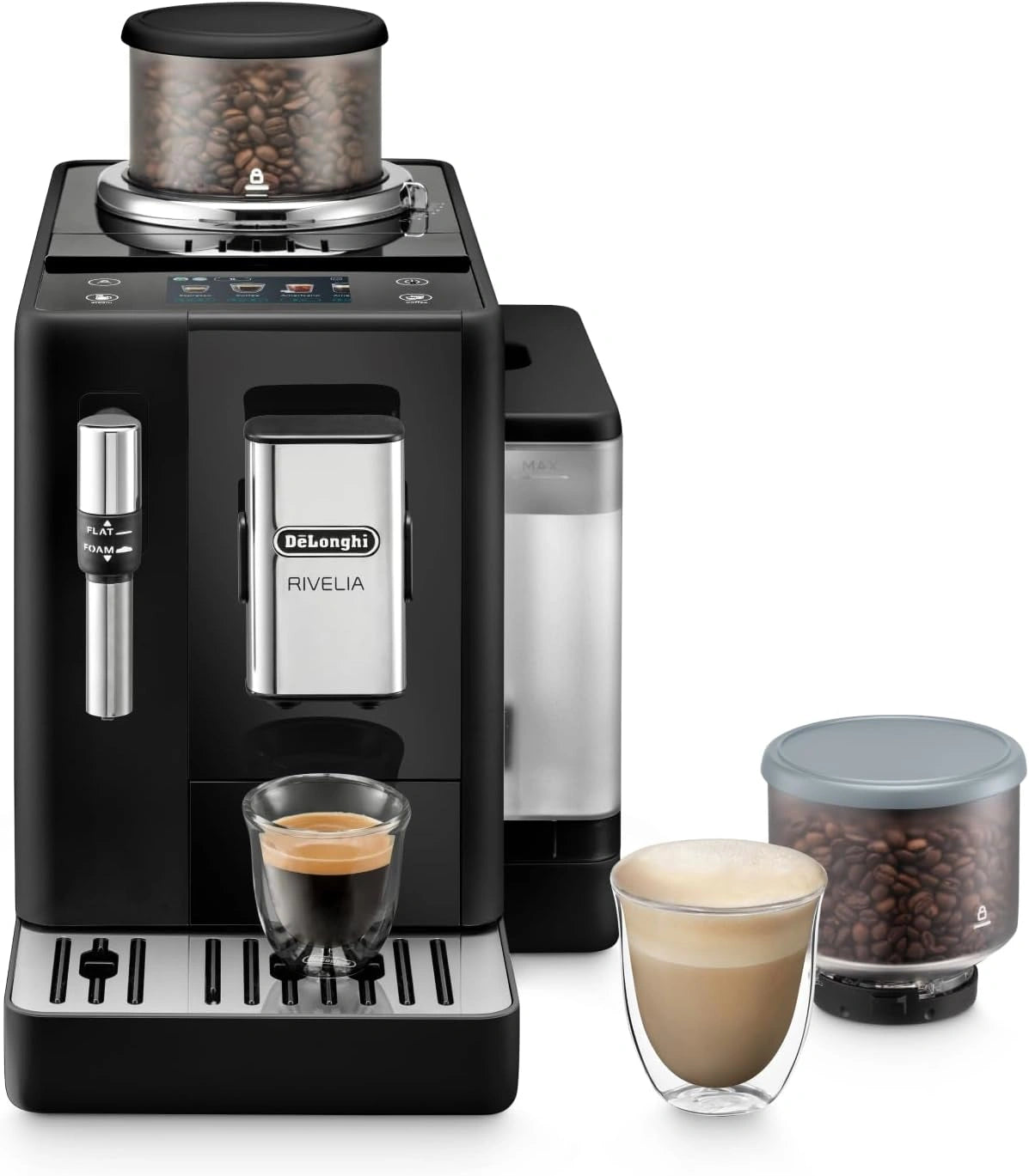 De'Longhi Rivelia EXAM440.35.B, Volautomatische Koffiemachine met Melkopschuimer, Verwisselbaar Bonenreservoir, 8 Recepten, Kleuren Touch scherm