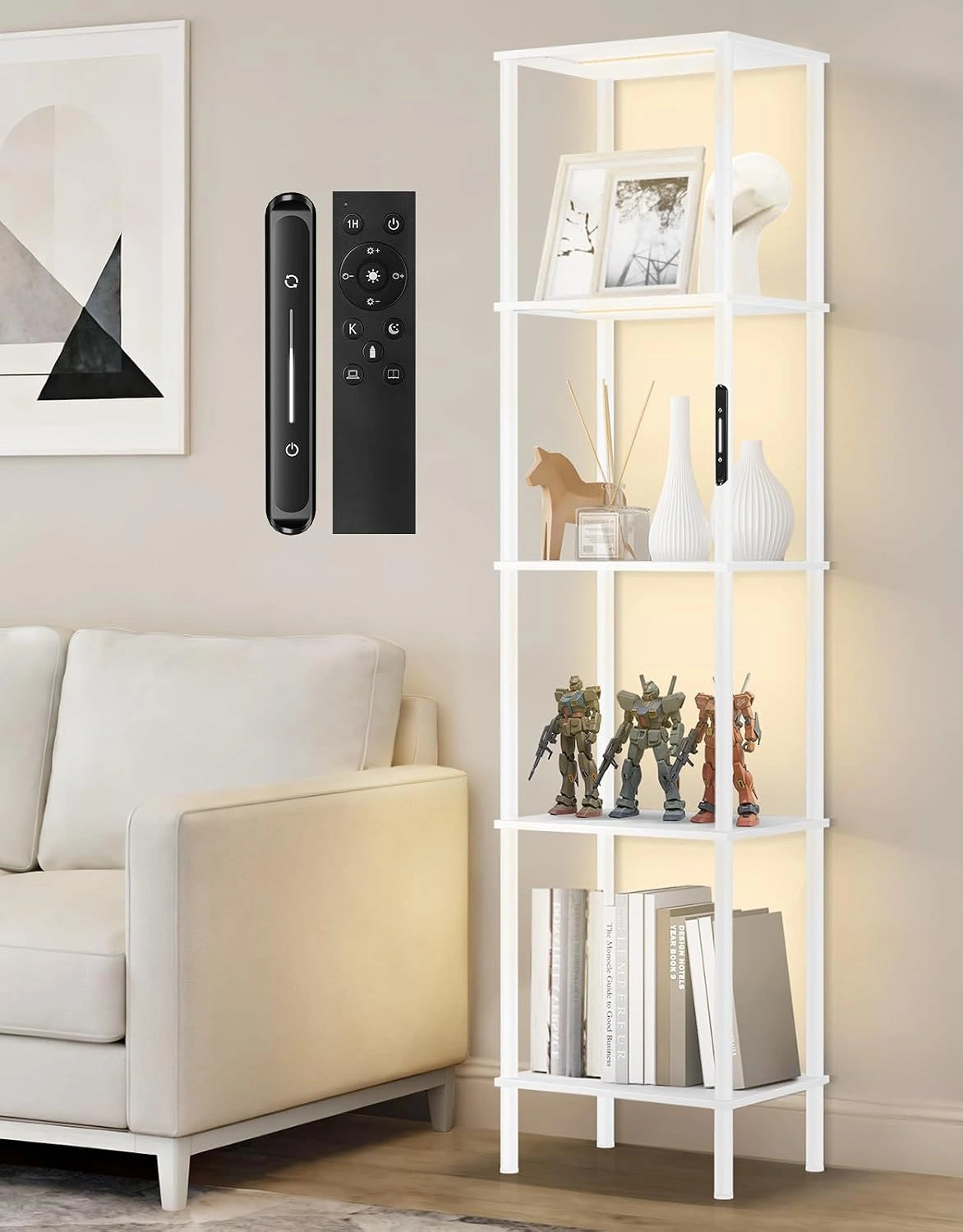 Vloerlamp met Plank, LED Dimbaar, 3 Kleurtemperaturen, Touch & Afstandsbediening, Boekenkast met Licht, Houten Staande Kast