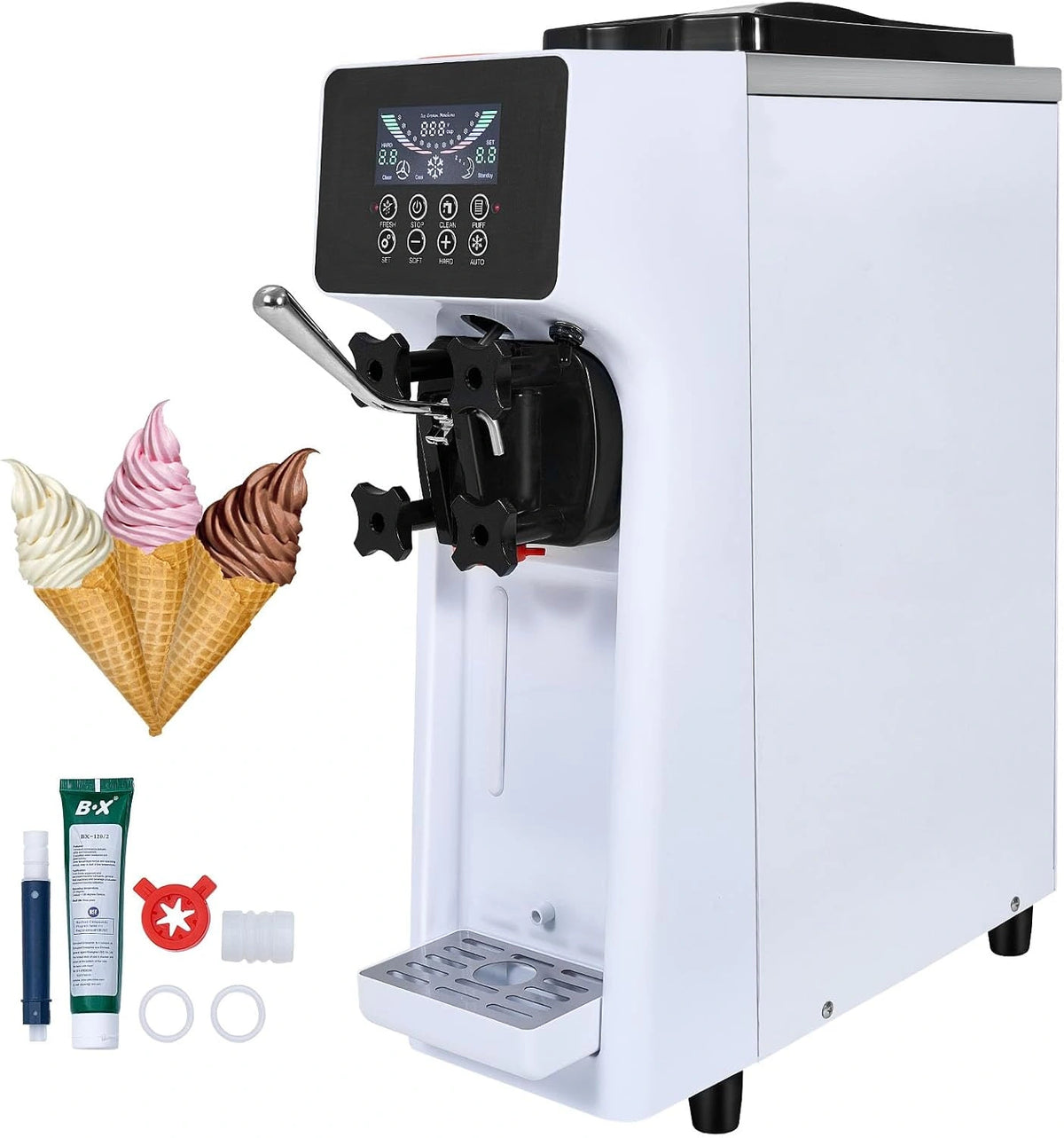 VEVOR Commerciële ijsmachine, 10 l/u vermogen, 900 W, softijsmachine voor een smaak, op het werkblad, met trechter van 4 liter