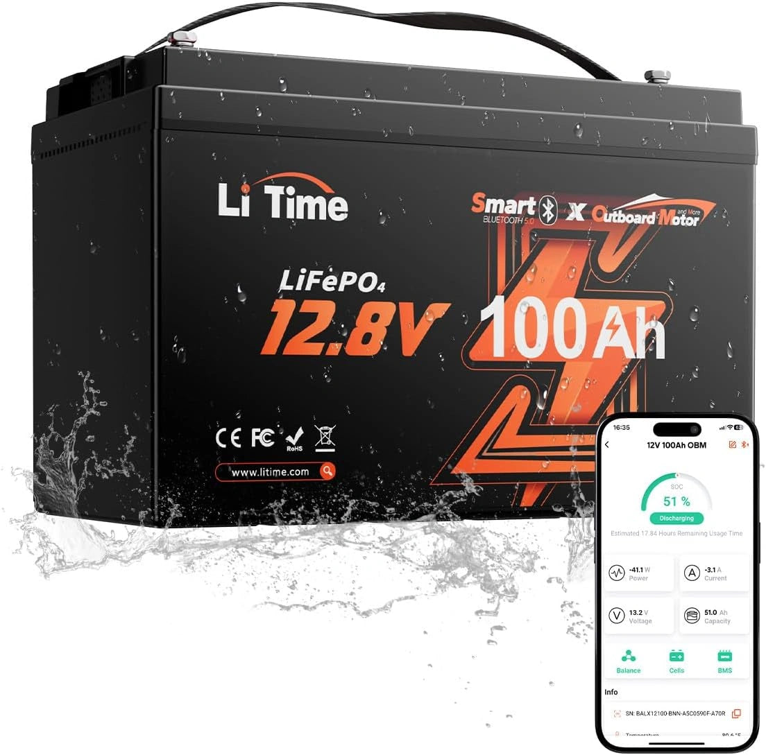 LiTime 12V 100Ah LiFePO4 OBM Accu met Bluetooth voor Boten, zwart