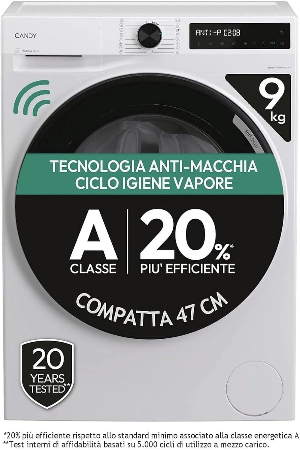 Candy ProWash 500 BR 49SBL8-S, wasmachine, 9 kg, 1400 omw/min, digitaal scherm, wifi-connectiviteit, 16 cycli, inverter-motor