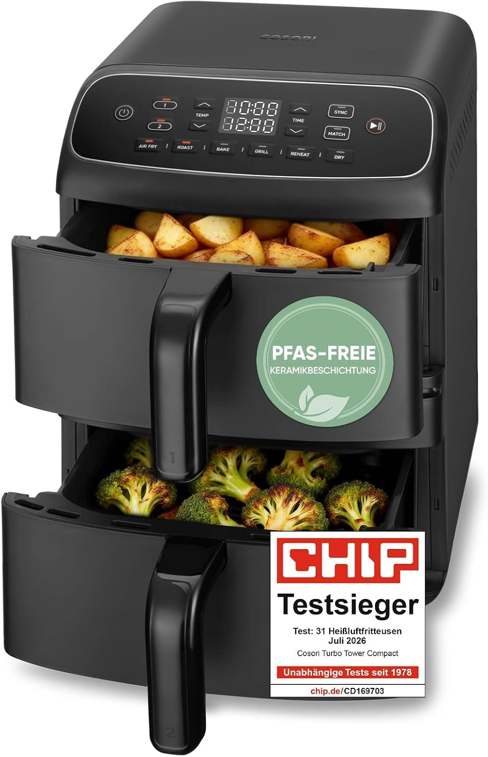 Cosori Airfryer, nieuwe generatie 2026, chip testwinnaar TurboBlaze-Tech, bruin/zwart