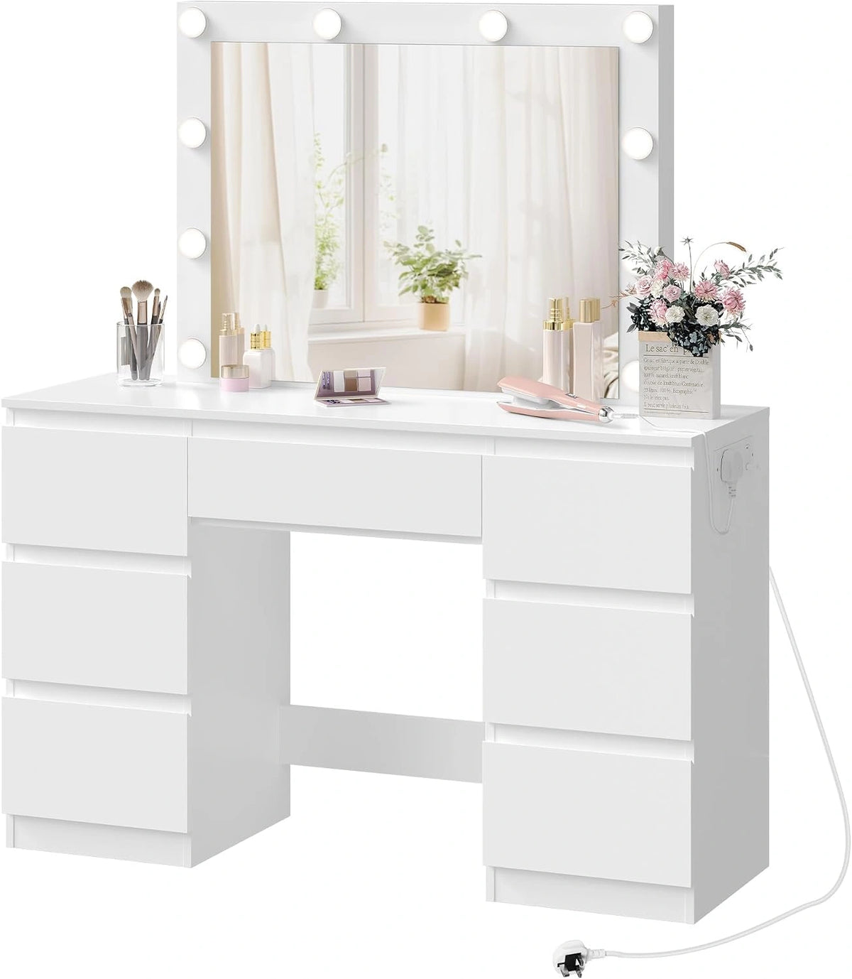 WOLTU Make-uptafel met verstelbare led-spiegel, moderne make-uptafel met laden en 2 stopcontacten, 1 USB-A en 1 USB-C met 1,5 m kabel, wit