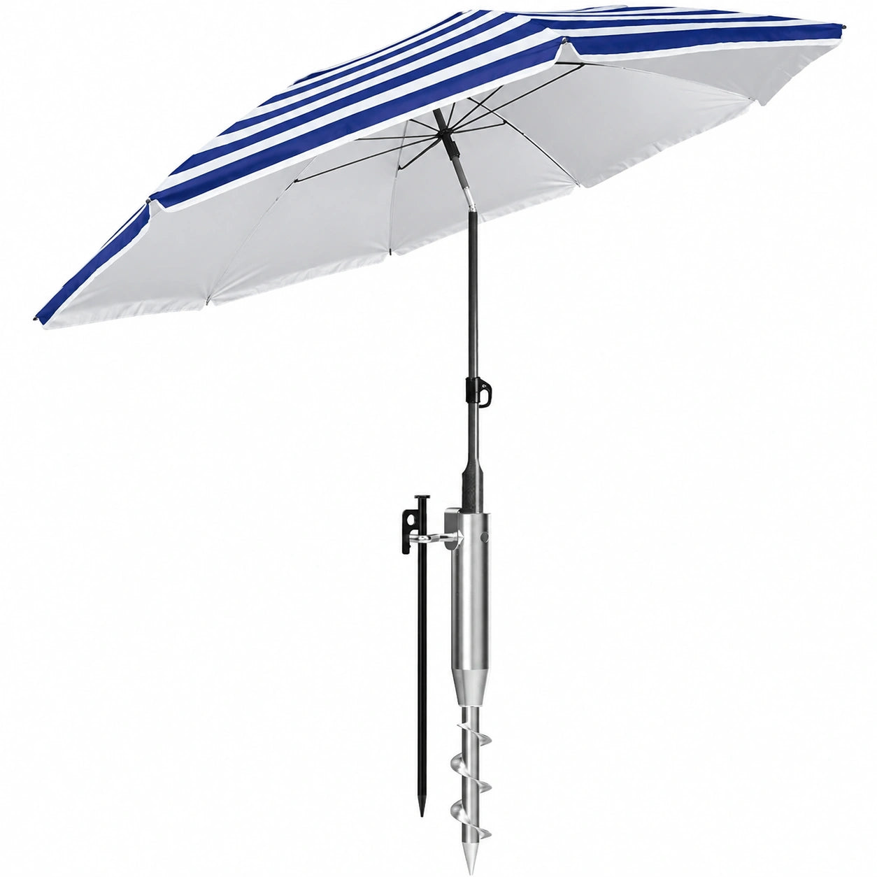 Menz Strand-Sonnenschirm 3-in-1 Set, Windfest & Stabil, Ø 180 cm, mit Bodenhülse & Schirmhülle, UV80 Schutz, Blau-Weiß