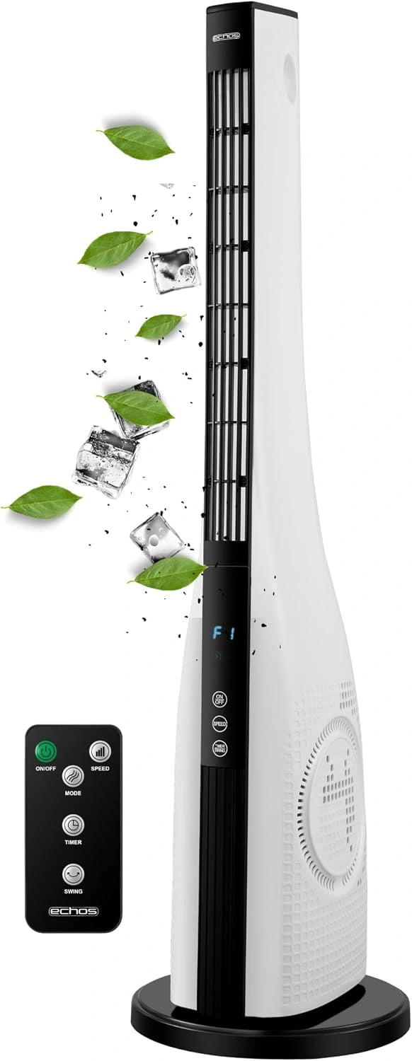 Echos® Torenventilator, energiebesparende staande ventilator, zeer stille zuilventilator met afstandsbediening, 3 modi, oscillerend, 15 uur timer