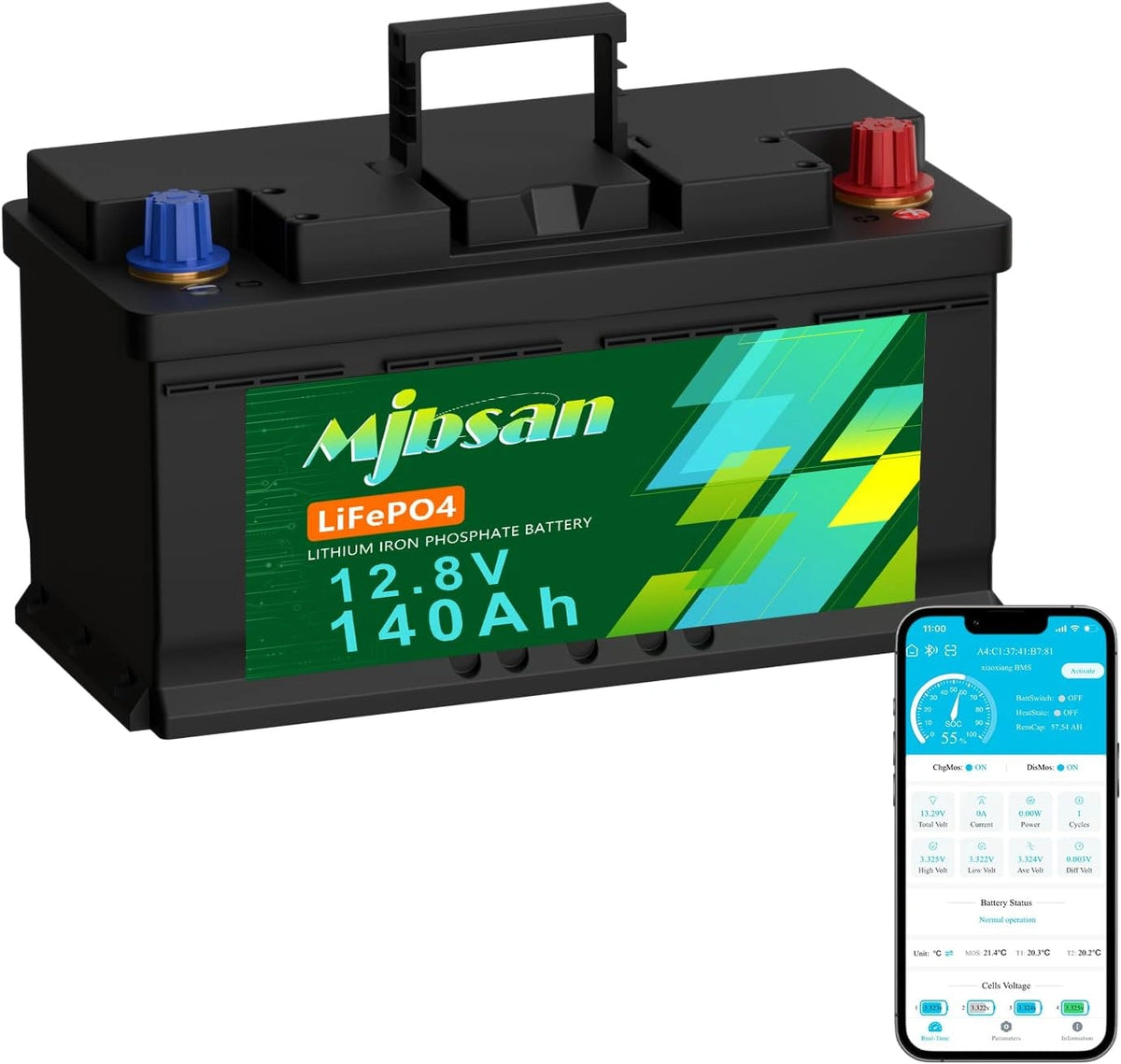 Mjbsan 12V 140AH H190 Onderstoel LiFePO4 Bluetooth lithiumbatterij, 1792 Wh energie lithiumbatterij met 150A BMS