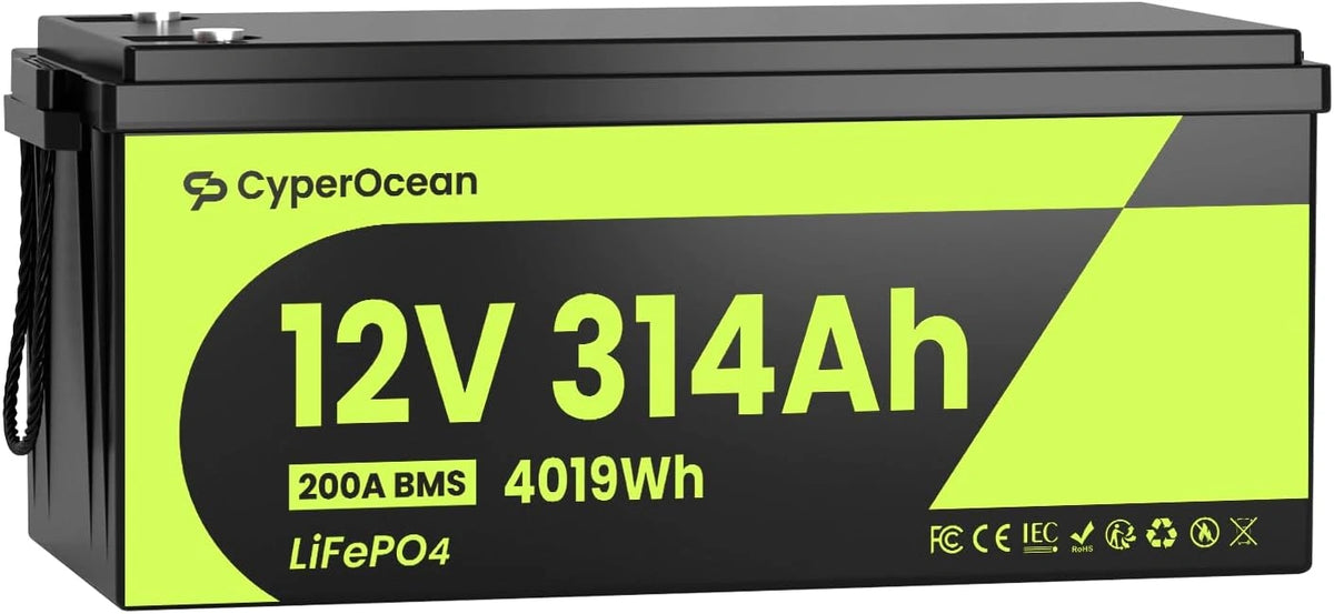 12V 314Ah LiFePO4-accu, 4019Wh deep-cycle lithium-ijzerfosfaataccu met 200A BMS, 15.000+ cycli voor campers, zonne-energiesystemen en trollingmotoren