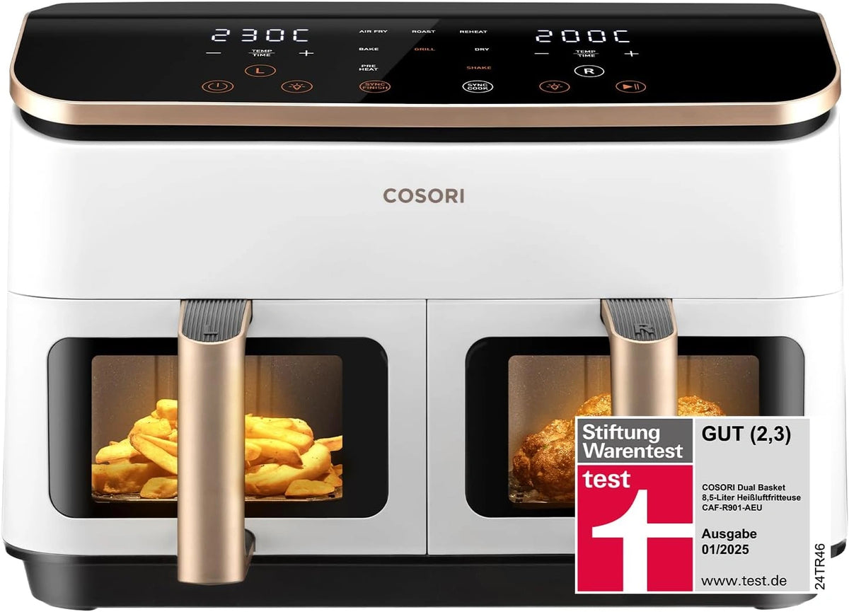 COSORI Airfryer, testwinnaar van de Stiftung Warentest, heteluchtfriteuse met 2 kamers met kijkvenster