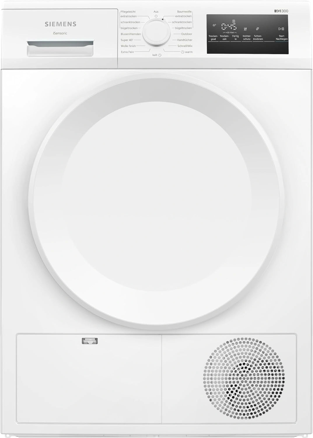 Siemens WT43H004, iQ300, warmtepompdroger, 8 kg, autoDry, super40-programma, 65 dB, Touch LED-scherm, softDry, buitenprogramma, easyClean-filter