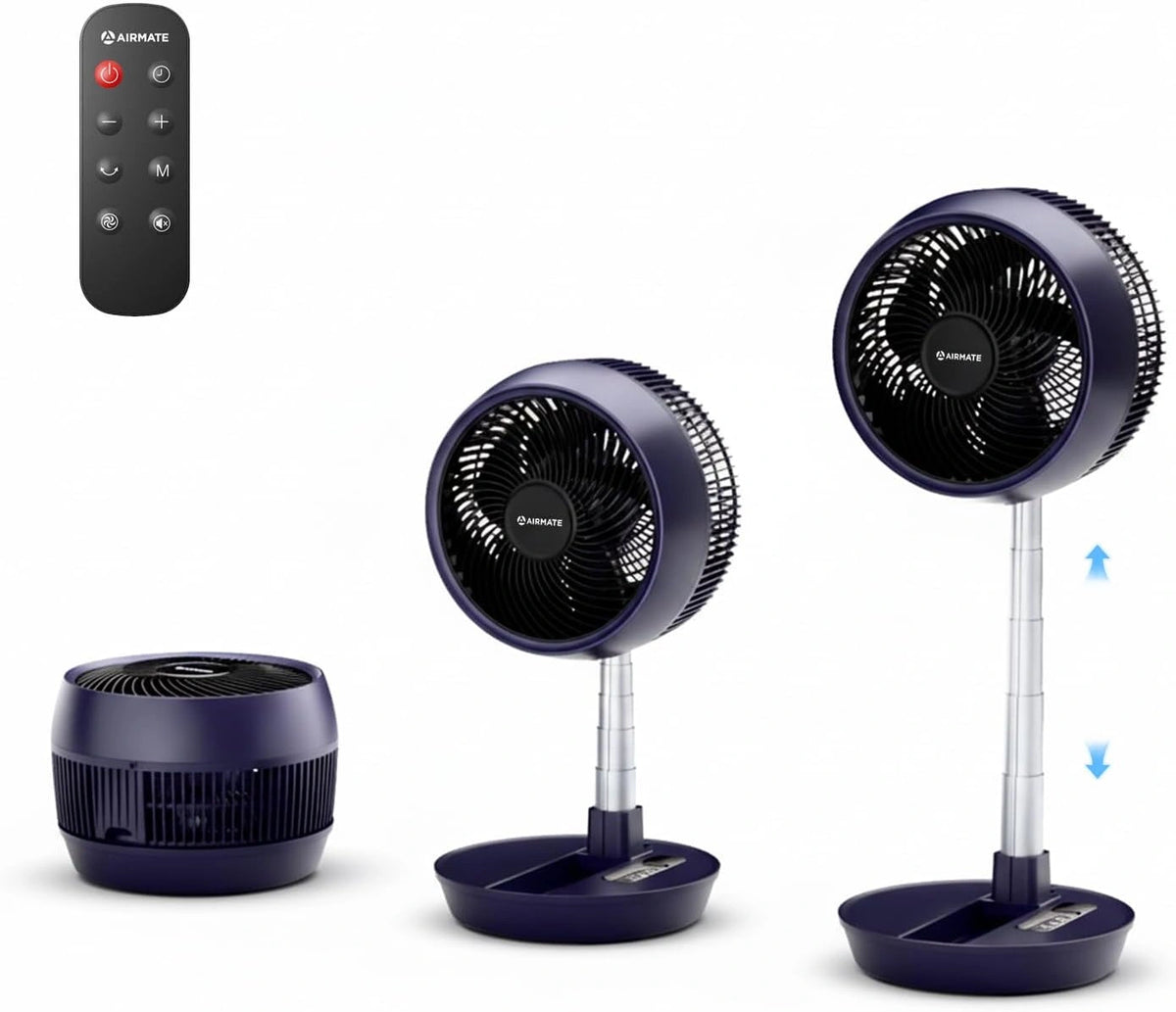 AIRMATE 63 cm Ventilator met afstandsbediening, opvouwbare staande ventilator zeer stil, 90°+180° oscillatie, 8 snelheidsniveaus, timer