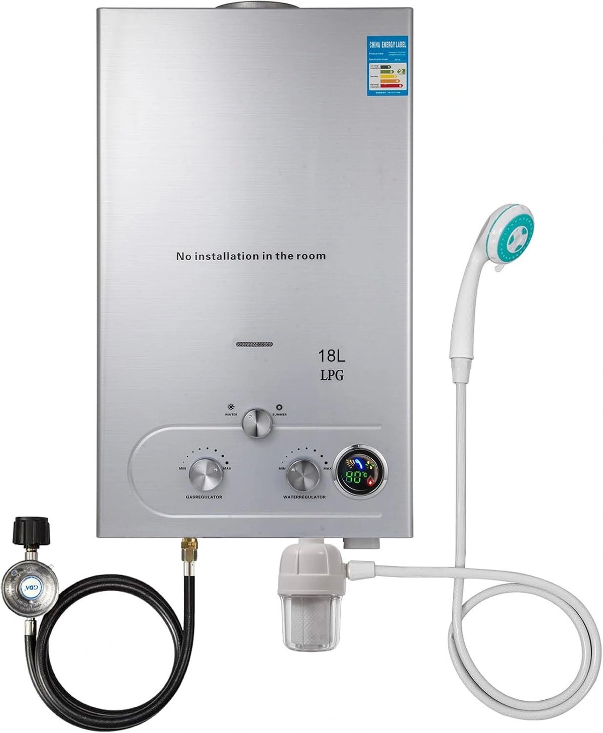 Waterverwarmer op LPG vloeibaar propaan, LPG, 36 kW, LPG, directe boiler zonder tank, met gegalvaniseerde douchekop en doucheslang voor badkamer