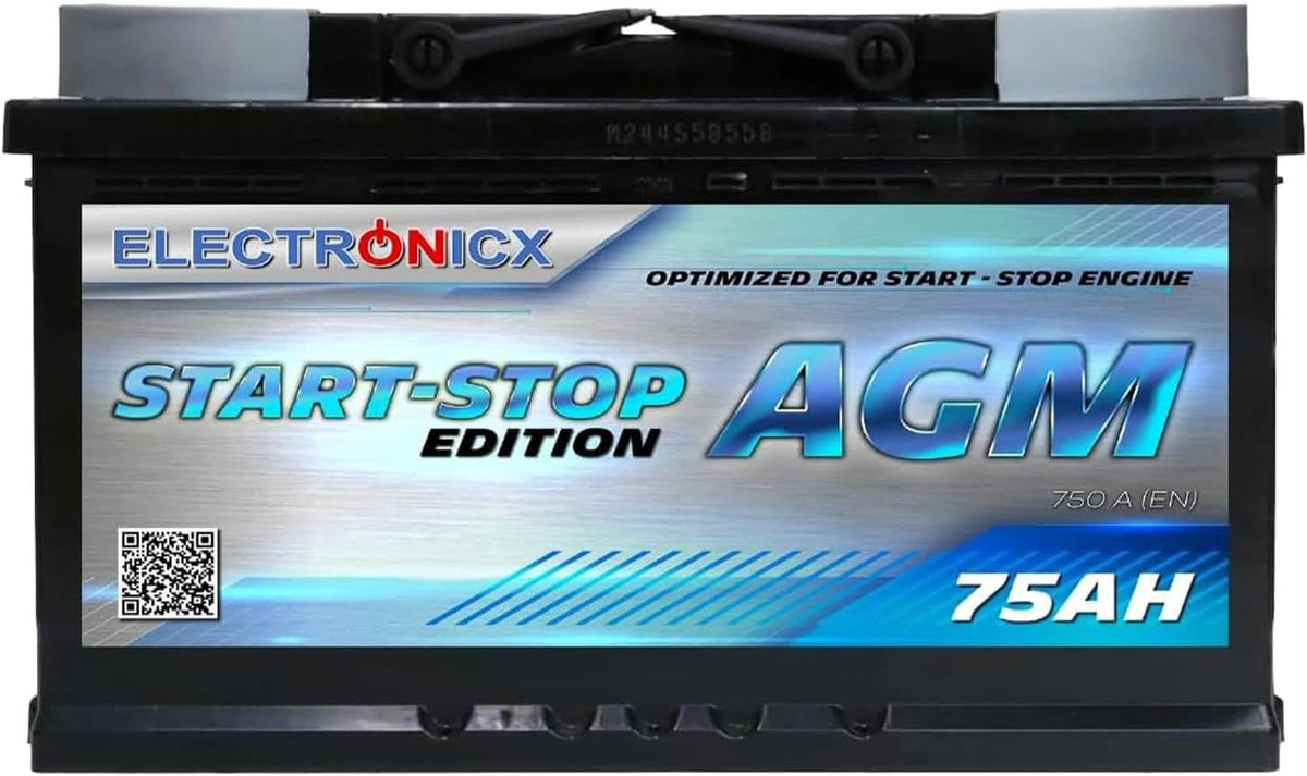 Electronicx AGM Autobatterij 75Ah 12V, onderhoudsvrij, verzegeld, trilbestendig, geschikt voor start-stopsysteem, krachtige startaccu 750A EN