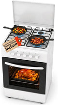 Gasfornuis 50 x 50 cm met gasoven 49 liter en 4 branders van verschillende prestaties, vrijstaand met veiligheidsventielen