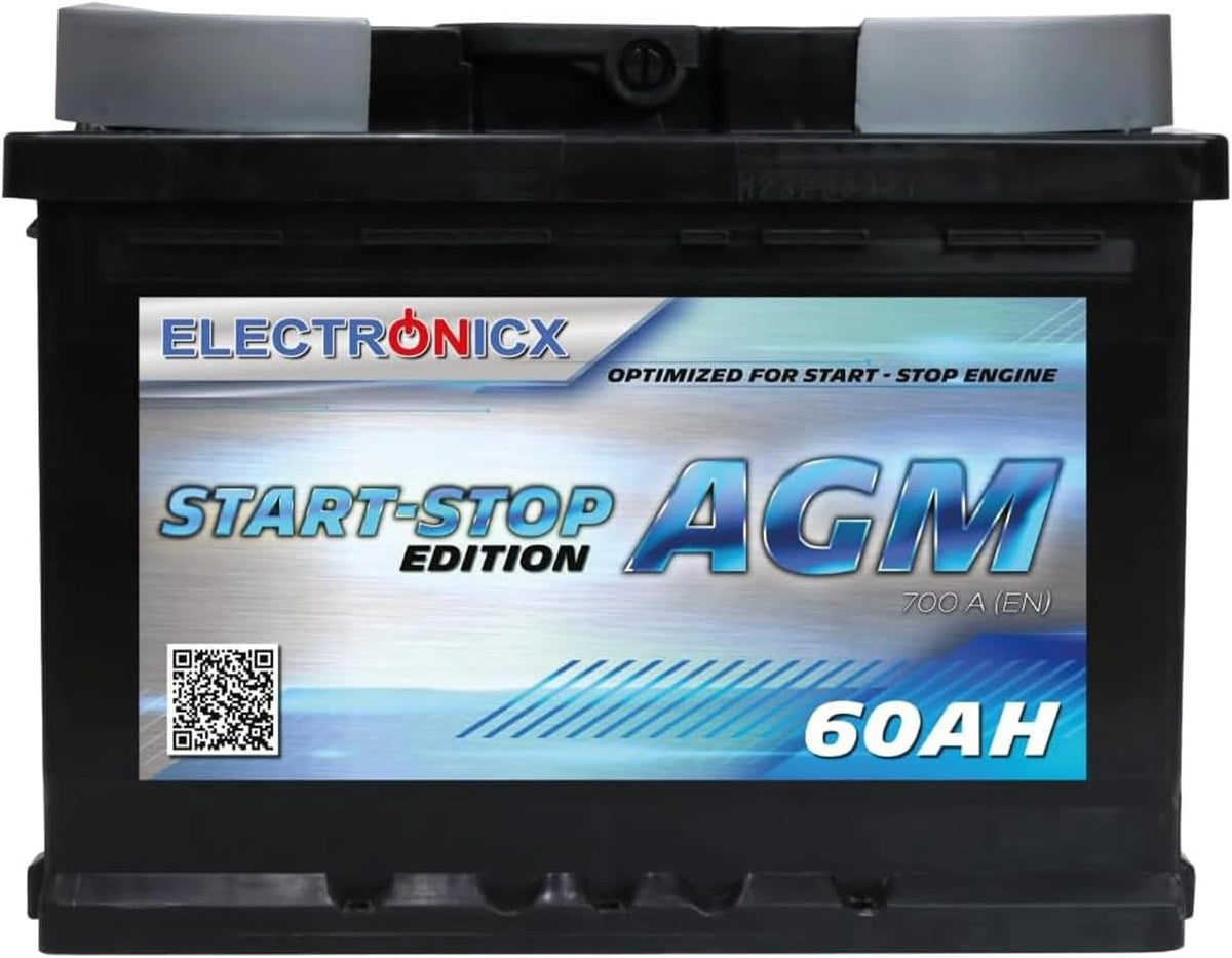 Electronicx AGM Autobatterij 12V 60Ah, onderhoudsvrije startaccu met 700A EN, verzegeld, trilbestendig, compact, geschikt voor start-stopsysteem