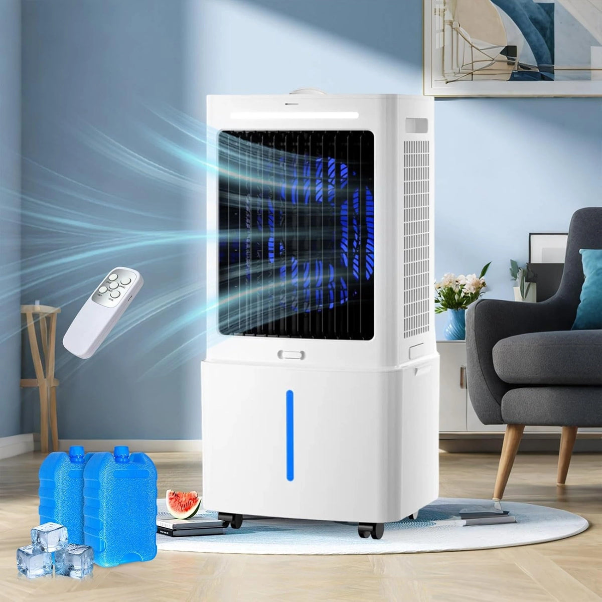 Draagbare luchtkoeler 25 liter, 2000m³/h, 80W, 3 snelheden en 3 standen, afstandsbed., timer, oscillerend, 2 ijsblokken, 15-20m², grijs