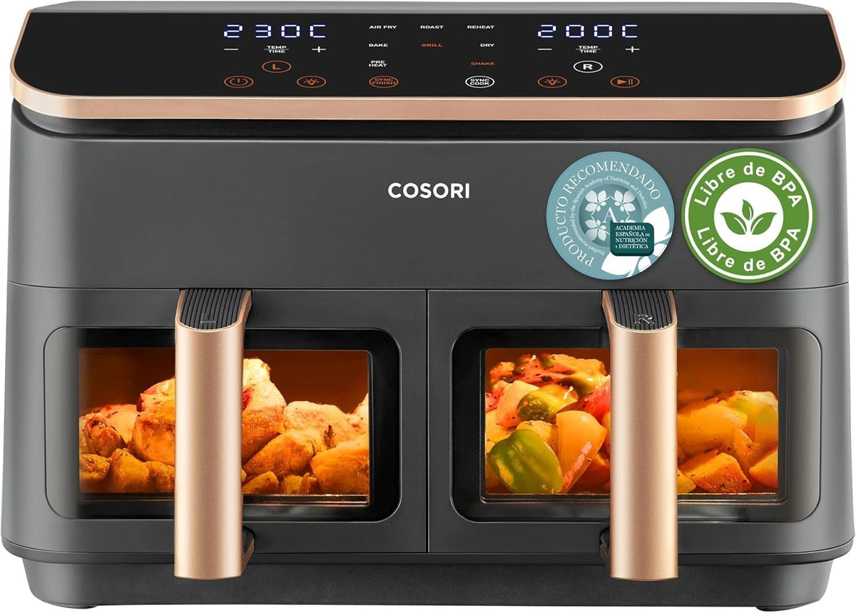COSORI CAF-R903 CAF-R903 Dubbele luchtfriteuse, digitaal, 8,5 l, grote capaciteit, 8-in-1 functie, 35-230 °C, venster, met online recepten, zwart