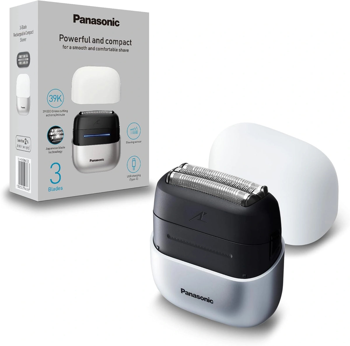 Panasonic ES-ACM3BW503 Serie 700 Compact Scheerapparaat met 3 Mesjes, Nat en Droog Gebruik Elektrisch Scheerapparaat, Baardsensor, IPX7 Waterdicht