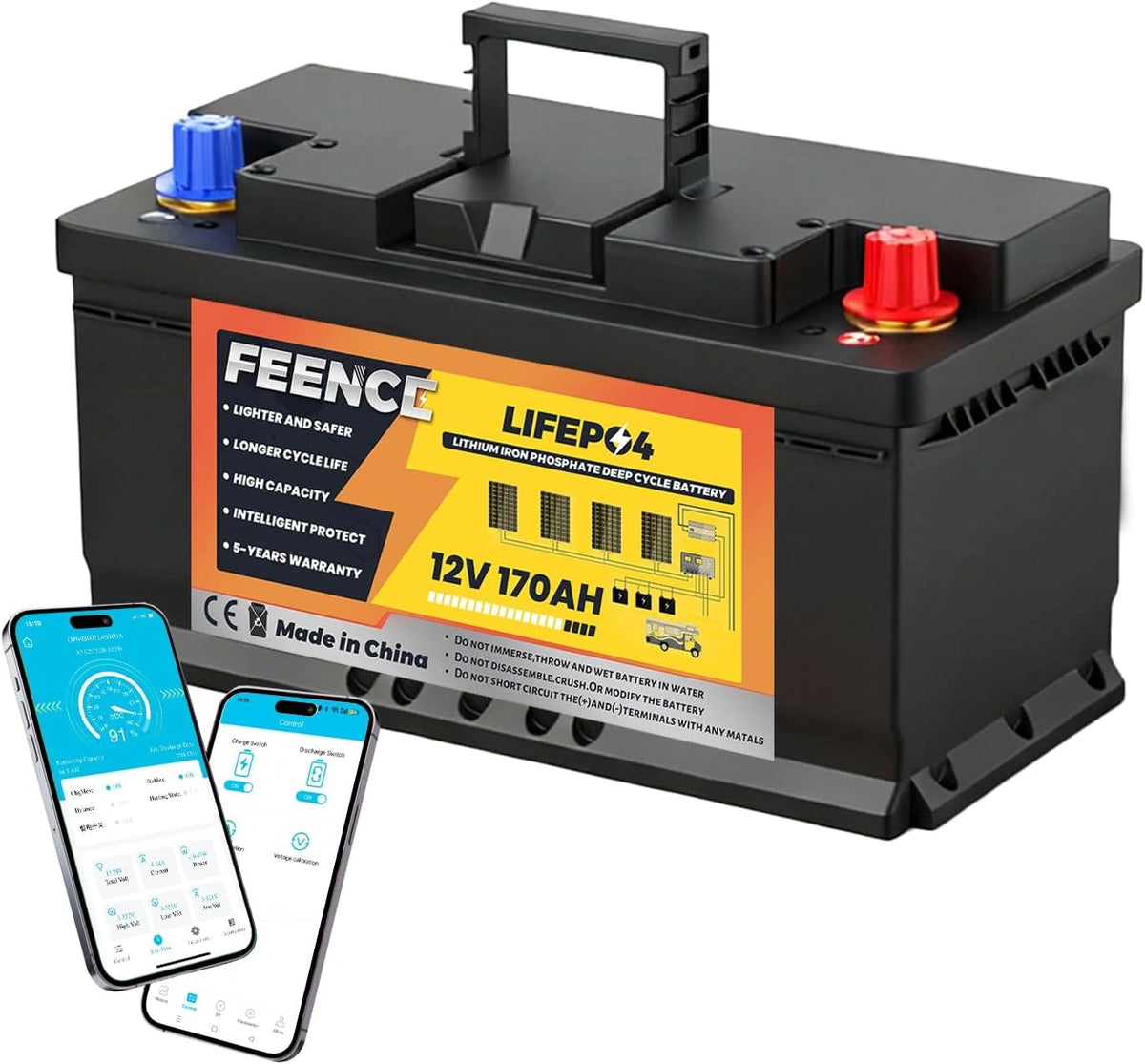 LiFePO4 170 Ah Bluetooth, lithium batterij 12 V 170 Ah met BMS lage temperatuurbescherming en max. 15000 cycli, 2176 Wh autoaccu voor camper, boot