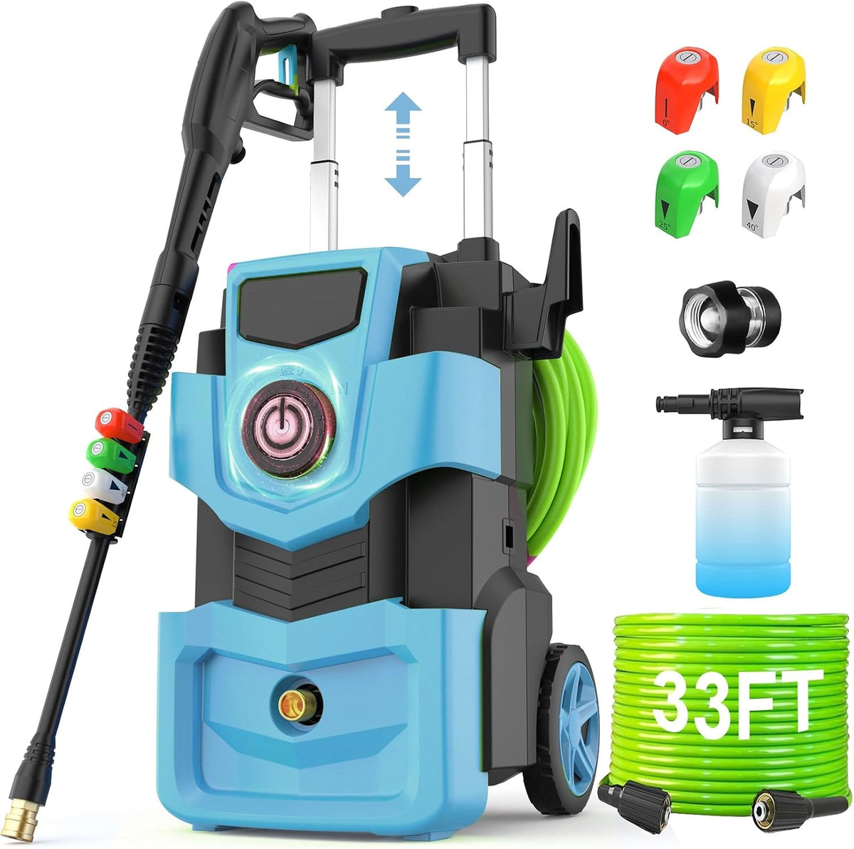 Verstelbare elektrische hogedrukreiniger met 33FT flexibele verlengslang + 34FT netsnoer, 4 spuitmonden, schuimkanon