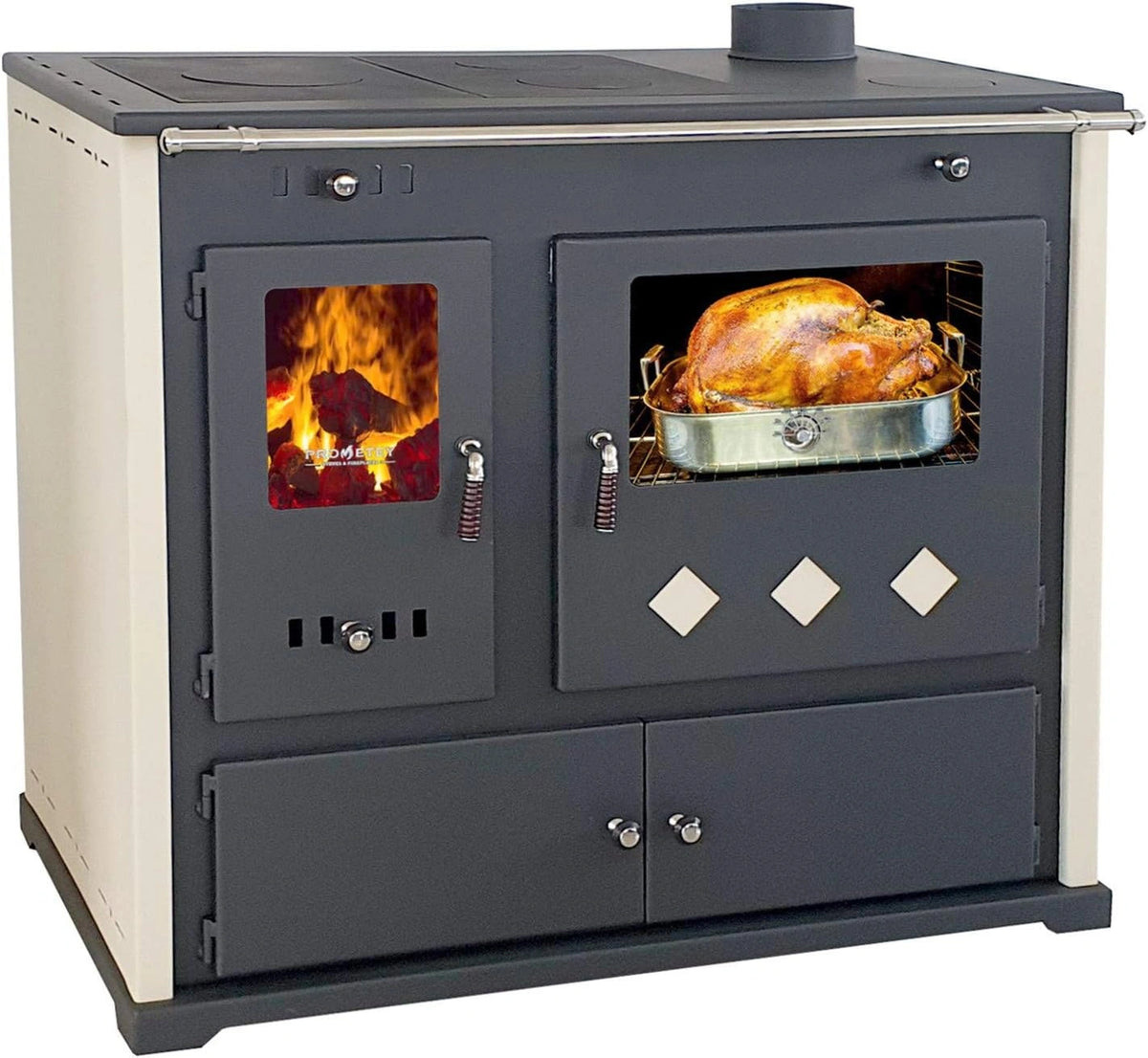 Practik Lux houtkachel met bakvak en kookplaat, 9,5 kW open haard, permanente verbranding, werkplaatsfornuis, Zweedse cottage-oven, wit