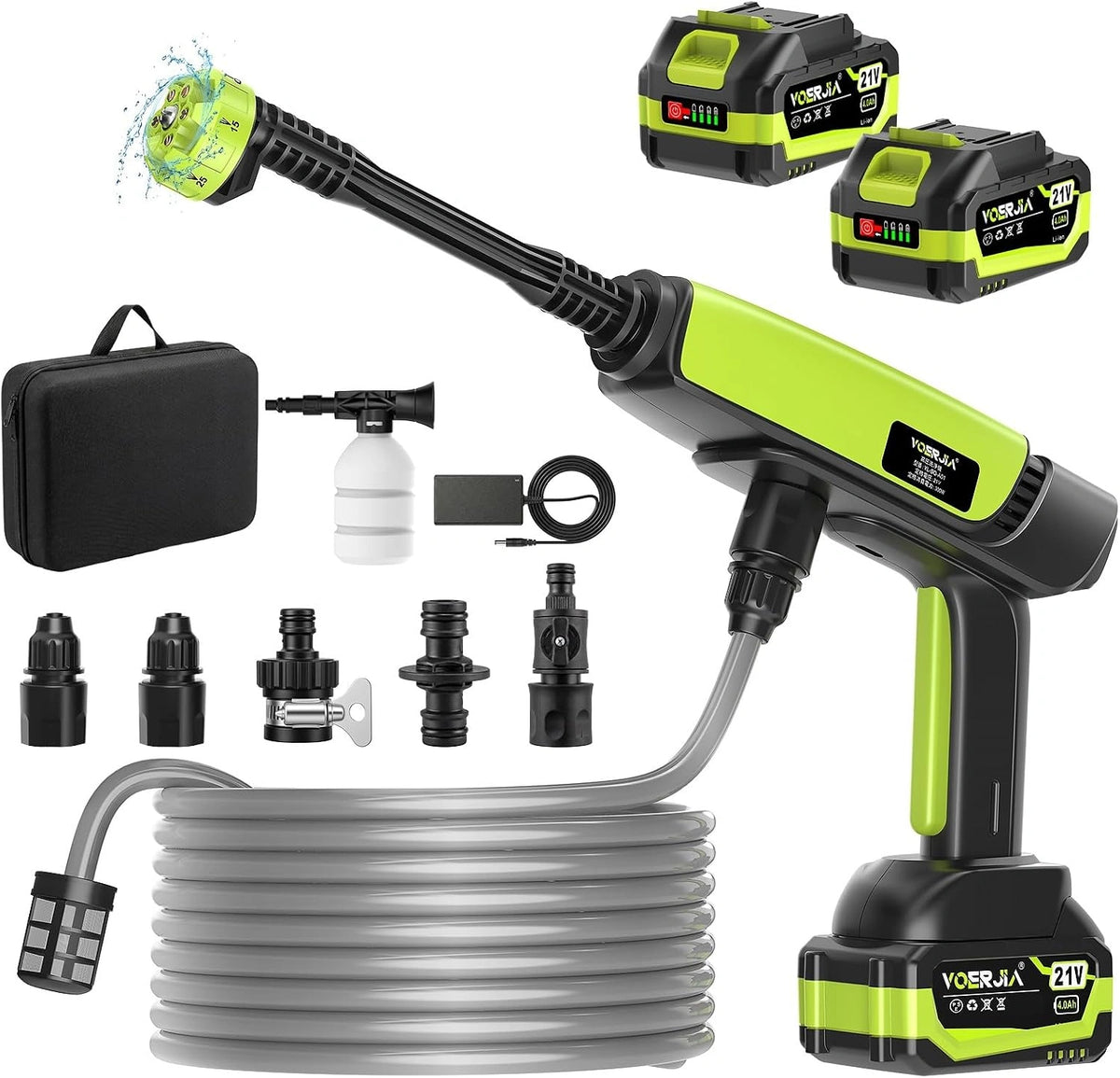 VOERJIA Accu-hogedrukreiniger 21 V (70 bar), met led-batterijniveau-indicator, 2 x 4,0 Ah accu's, 400 l/u, 6-in-1 mondstuk voor auto, fiets