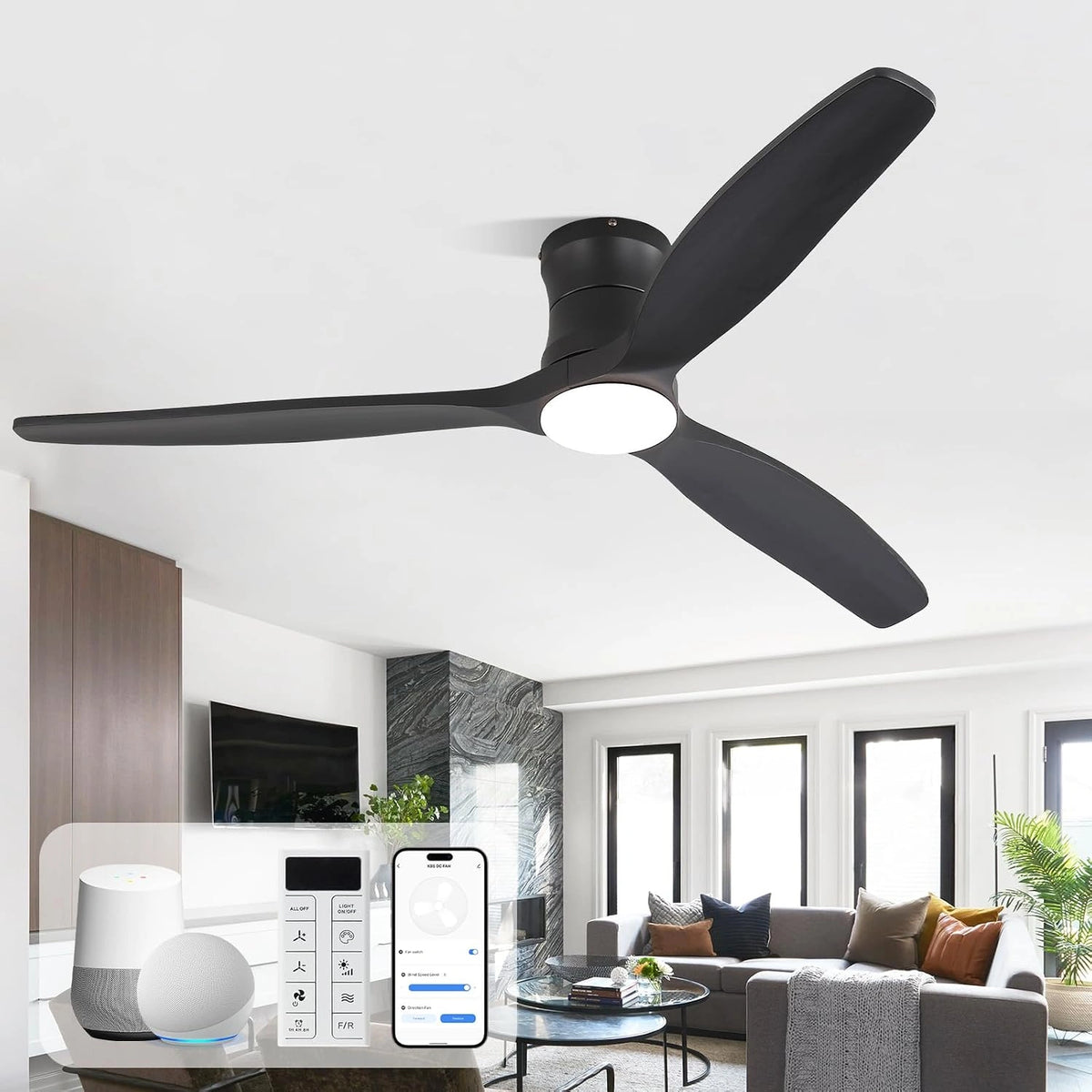 Sofucor 132 cm Smart Massief Houten Plafondventilator met Licht, zilver