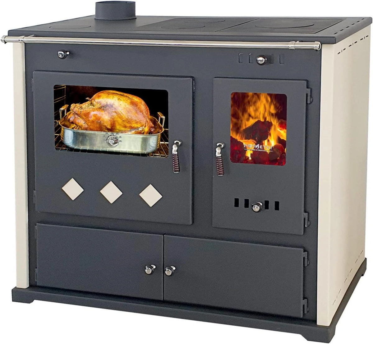 Kachel met ovenvak en kookplaat, Pracktik Lux beige, LINKS houtkachel 9,5 kW open haard kachel permanente brandkachel werkplaatskachel Zweedse kachel