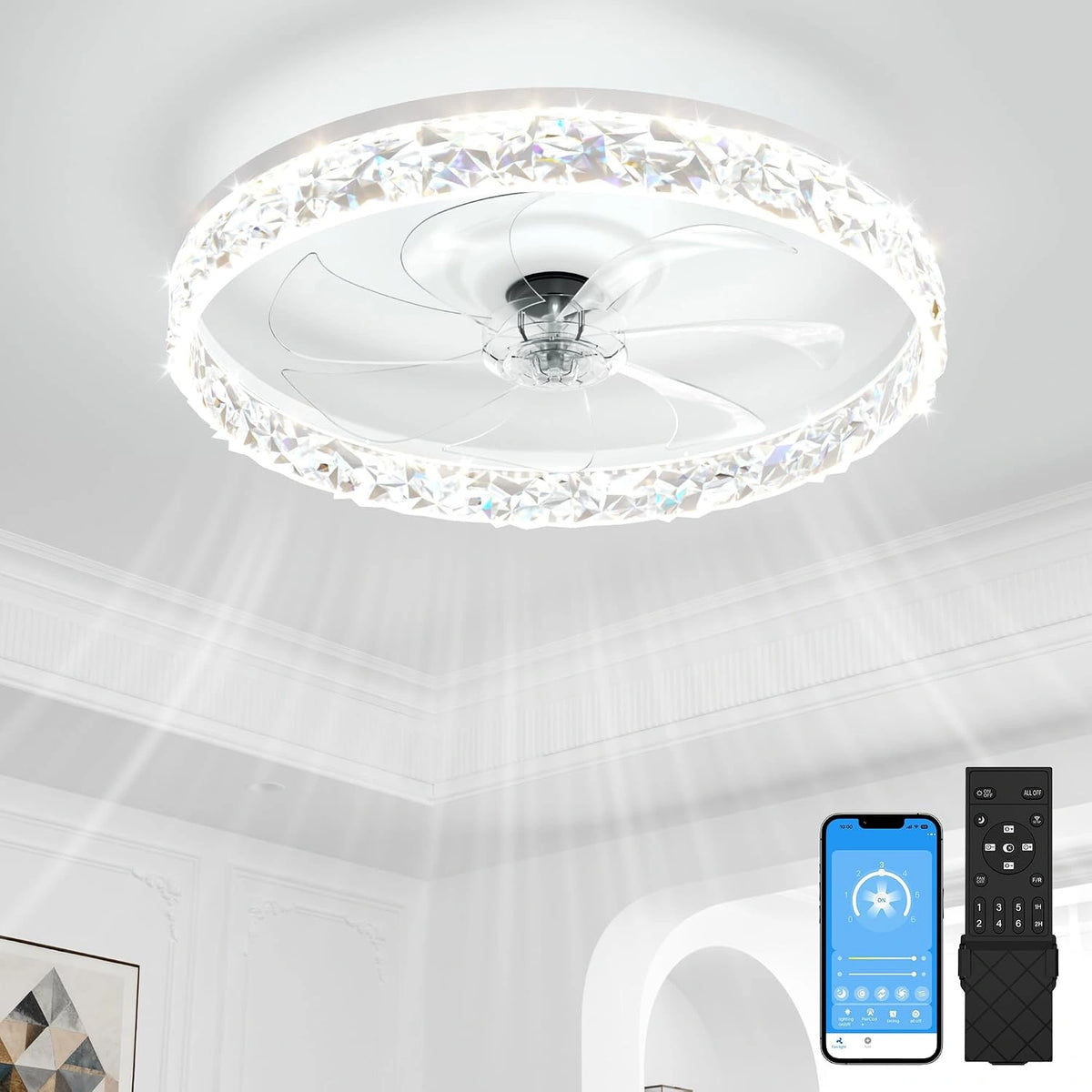 VOLISUN Platte plafondventilator met verlichting en afstandsbediening, moderne plafondventilator, 50 cm, inbouwmontage, 3000 K-6500 K