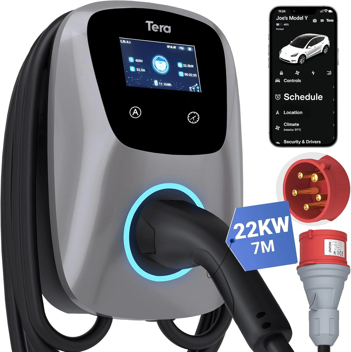 Tera EV oplader Smart APP met 16-32A type 2 22kW of 11kW of 22kW thuis laadstation 400V CE & TÜV Wallbox 7 m oplaadkabel met laderhouder app-besturing