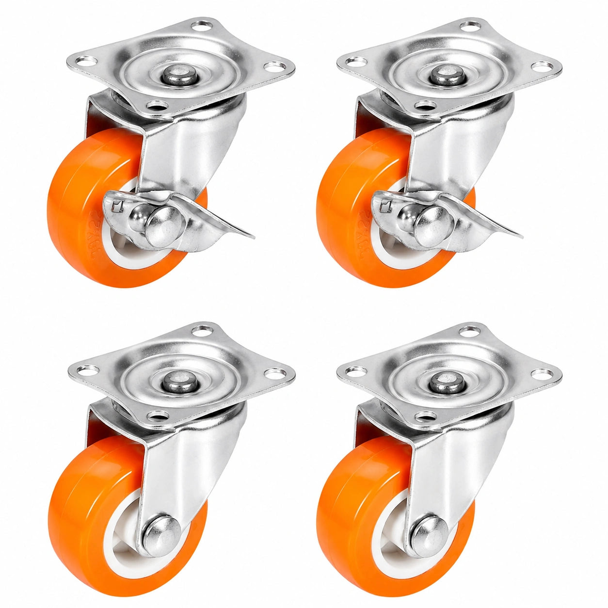 PRIOstahl Möbelrollen Set mit Bremse, Schwerlastrollen, 4er Set: 2 mit Lenkung, 2 mit Bremse, 38mm, Orange, Geräuscharm und Bodenschonend