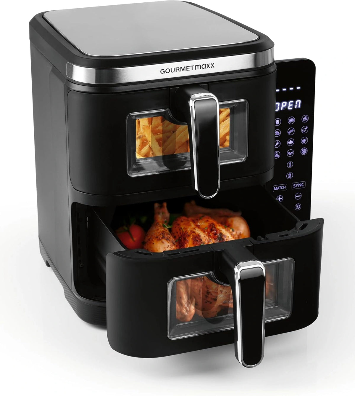 GOURMETmaxx FryUp Verticale heteluchtfriteuse, XXL, airfryer met kijkvensters en inklapbaar aanraakscherm, heteluchtfriteuse, 2 kamers