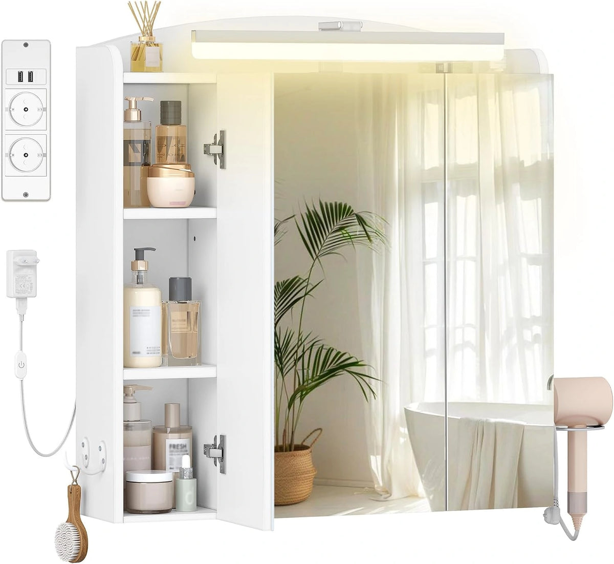 Hzuaneri Badkamerspiegel, container, spiegelkast met led en meervoudig stopcontact 2 AC + 2 USB, haardroger en haken, schakelaar en stekker