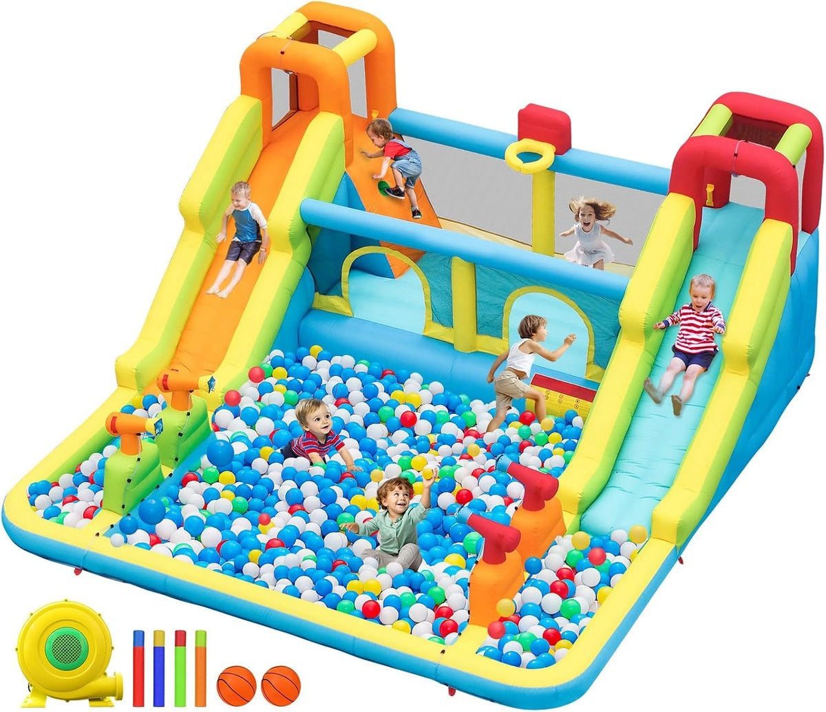 Opblaasbaar slot met waterglijbaan voor kinderen met zwembad, 452x416x210cm, zilver