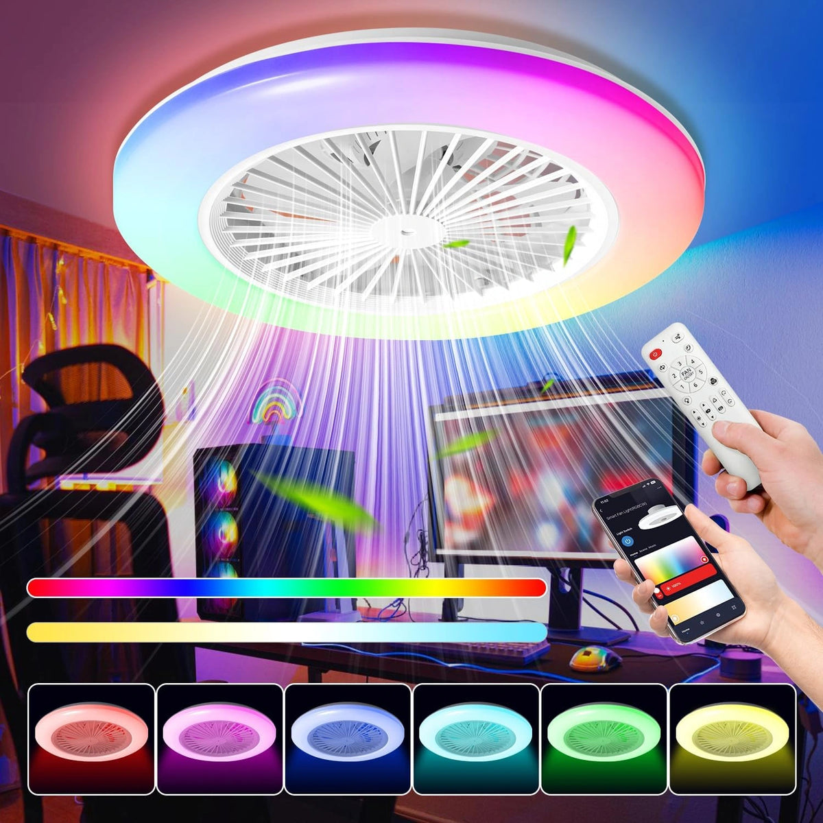 Fiqops Plafondventilator met verlichting en afstandsbediening, diameter 49 cm, smart RGB ledlicht met 3 kleurtemperaturen en 6 snelheden, zomertimer