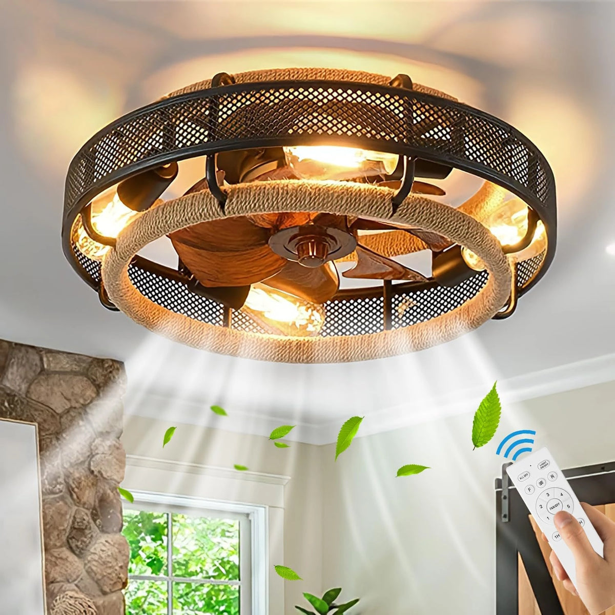 Plafondventilatorlamp met afstandsbediening, retro industriële plafondventilator met licht, E27 vintage gekooide plafondventilator, 6 snelheden