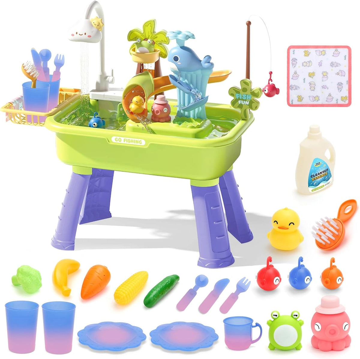 DeAO 4-in-1 kinderwastafel met waterfunctie en zand- en watertafel, waterspeeltafel voor outdoor/binnen met kleurveranderende servies