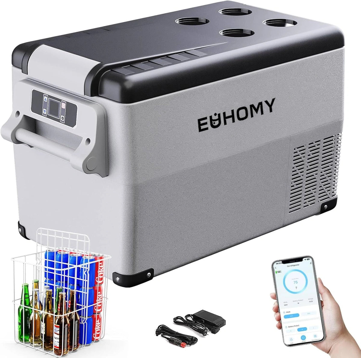 EUHOMY Compressor-koelbox, 30,6 liter, 12 V/24 V DC, koel-vriescombinatie (-20 °C ~ 20 °C) met app en lcd-scherm