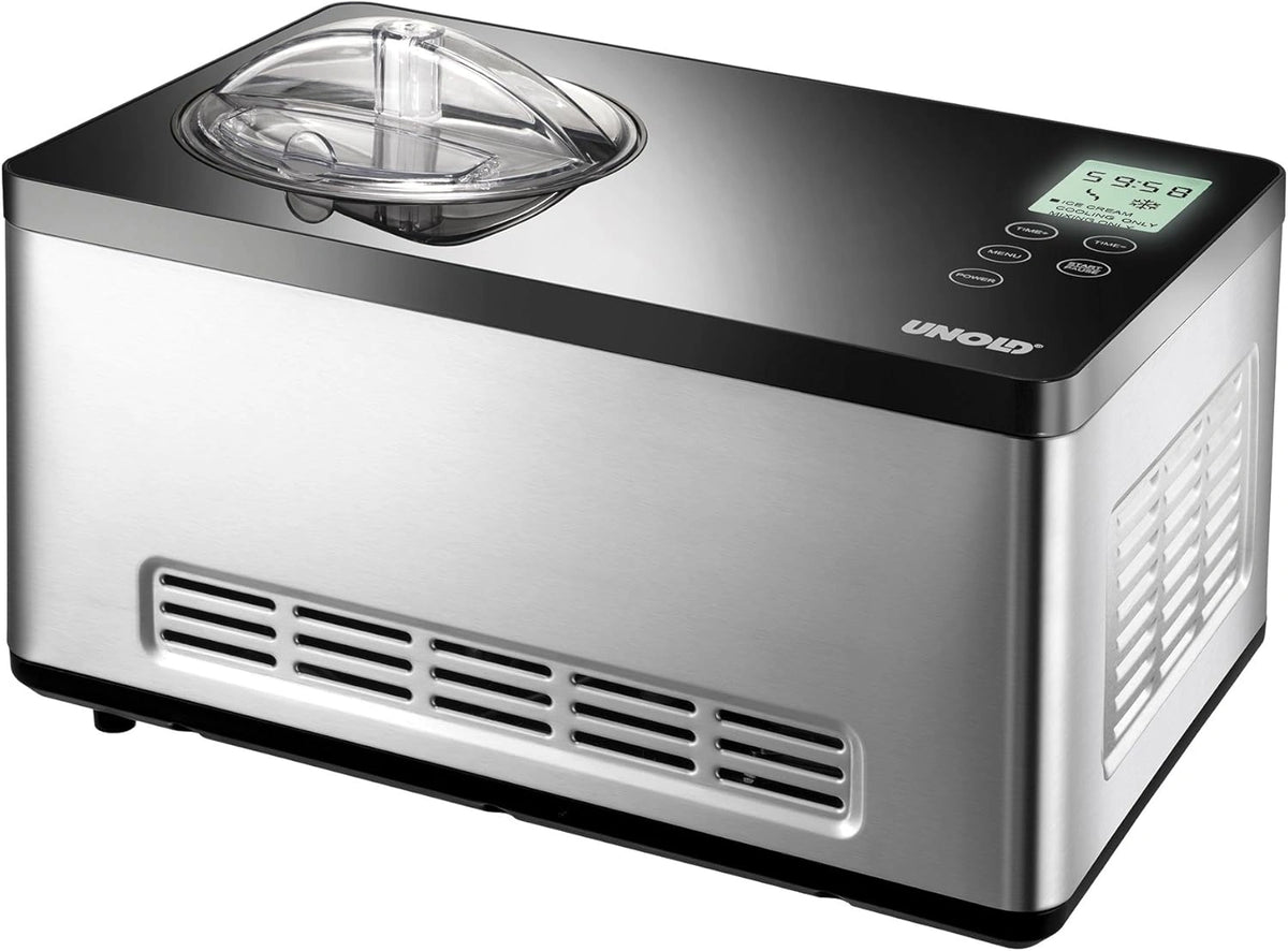 UNOLD 48845 Gusto IJsmachine, met zelfkoelende compressor, 180 W, 2 l volume, elegante roestvrijstalen behuizing, lcd-scherm, digitale timer, zwart