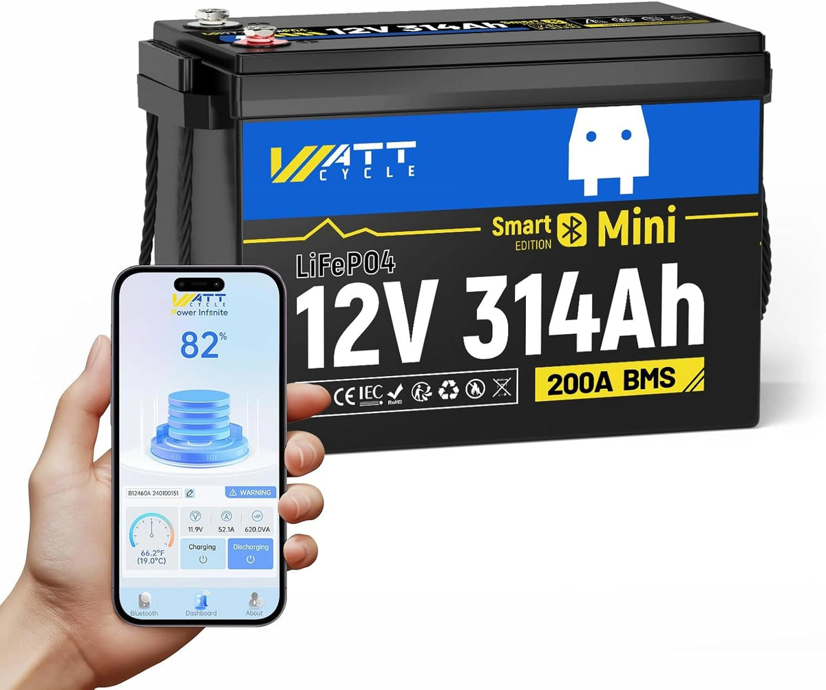 WattCycle 12V 314Ah LiFePO4 Accu, 4019Wh, Bluetooth,200A BMS, IP65, Compact, zwart