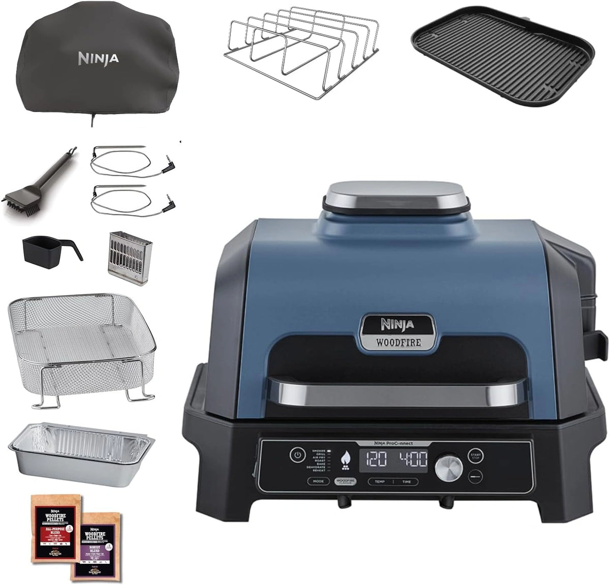 Ninja Woodfire Pro Connect XL Elektrische BBQ Grill & Rookoven, OG901EUAMZ, grijs