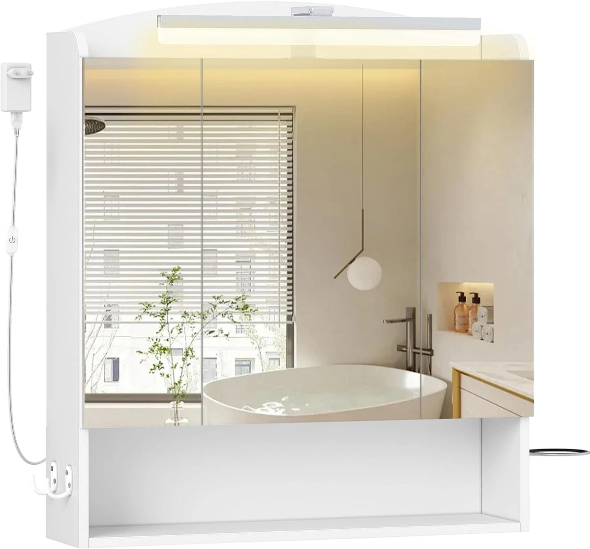 Hzuaneri Spiegelkast met verlichting, Wandkast met Spiegel, Föhnhouder en Haakjes, Schakelaar en Stekker Inbegrepen, Verstelbare Platen, Wit