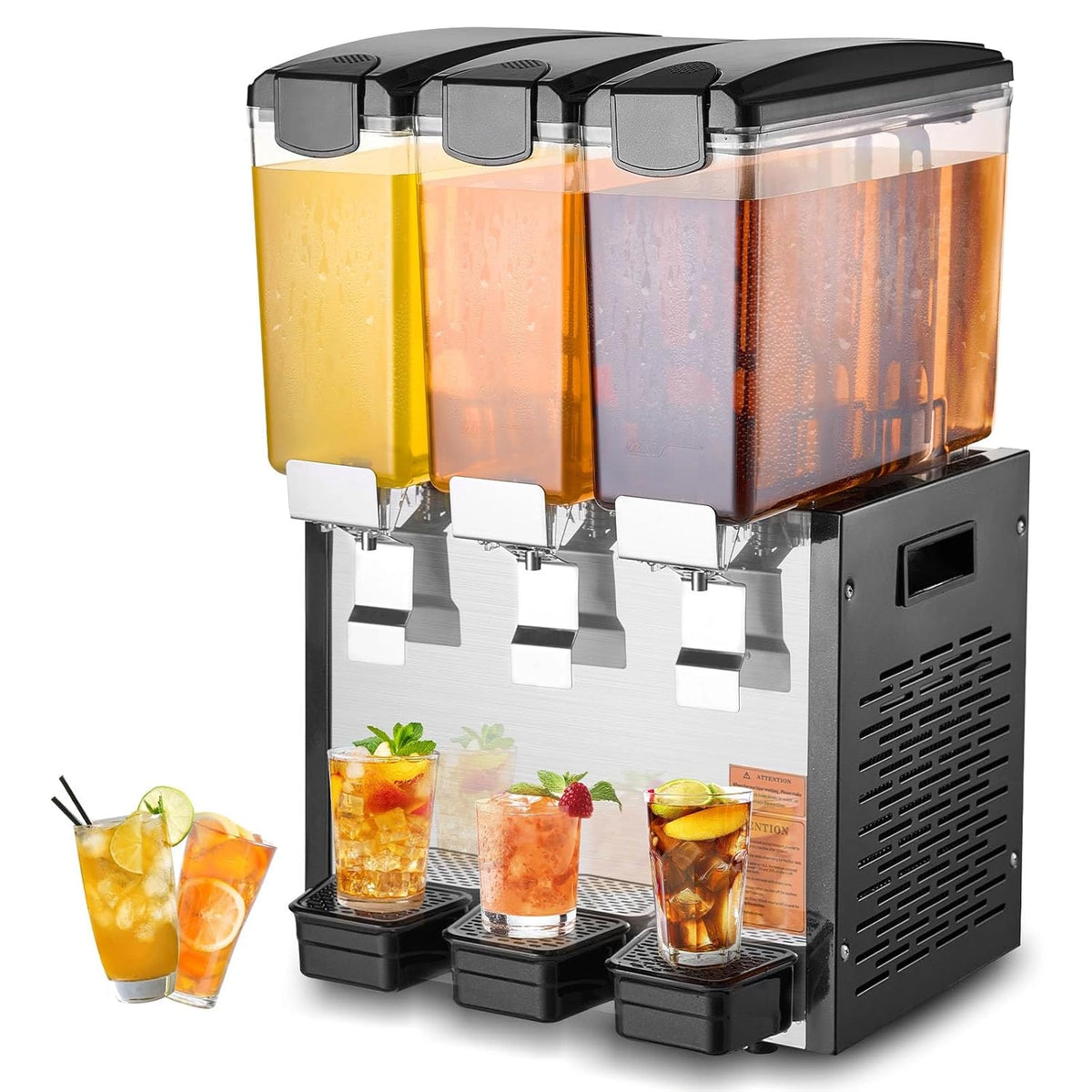 VEVOR Commerciële drankdispenser, 3 tanks 10 l/10,6 QT per tank sapdispenser, 440 W roestvrijstalen ijsthee-drinkmachine met 15-40 graden Fahrenheit