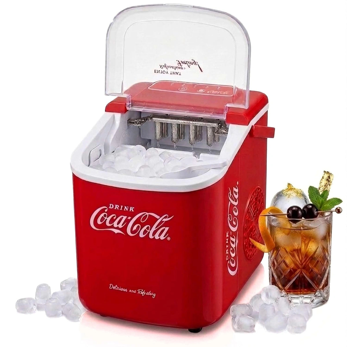 Salco Coca Cola IJsblokjesmachine, compacte ijsblokjesmachine met 2 ijsblokjesmaten, 10 kg ijs in 24 uur, automatische waarschuwingsfunctie
